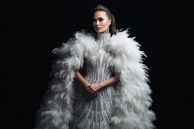 Elegant Woman Wearing White Feather Cape And Embellished Gown