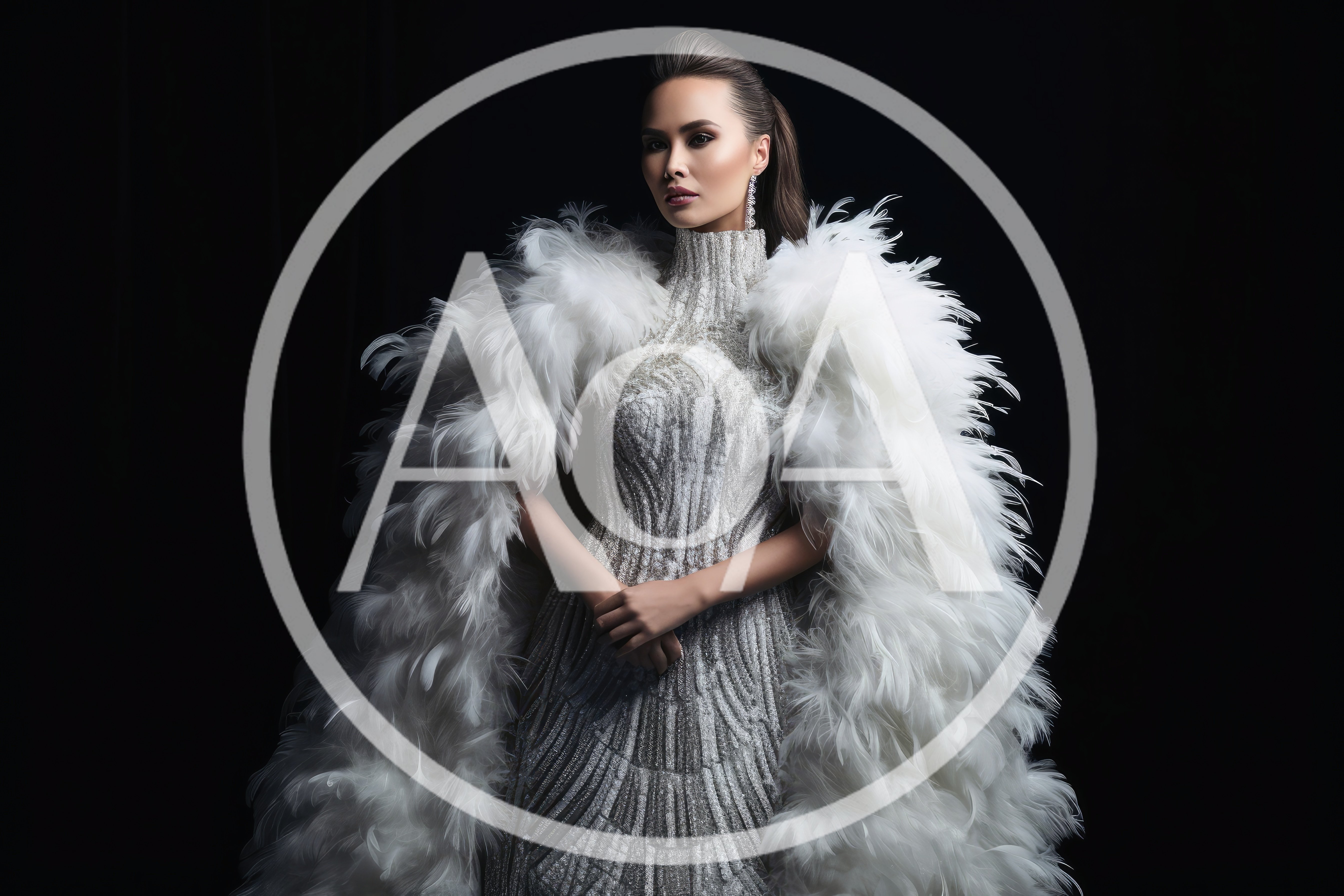 Elegant Woman Wearing White Feather Cape And Embellished Gown
