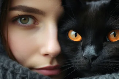 Close Up Portrait Of A Woman And Black Cat