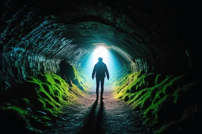 Silhouette Of A Person Standing In A Mossy Tunnel