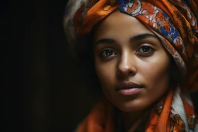 Portrait Of A Young Woman Wearing A Patterned Headscarf