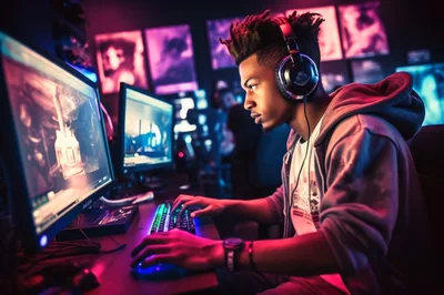 Young Gamer Playing Video Games In Neon Lit Room