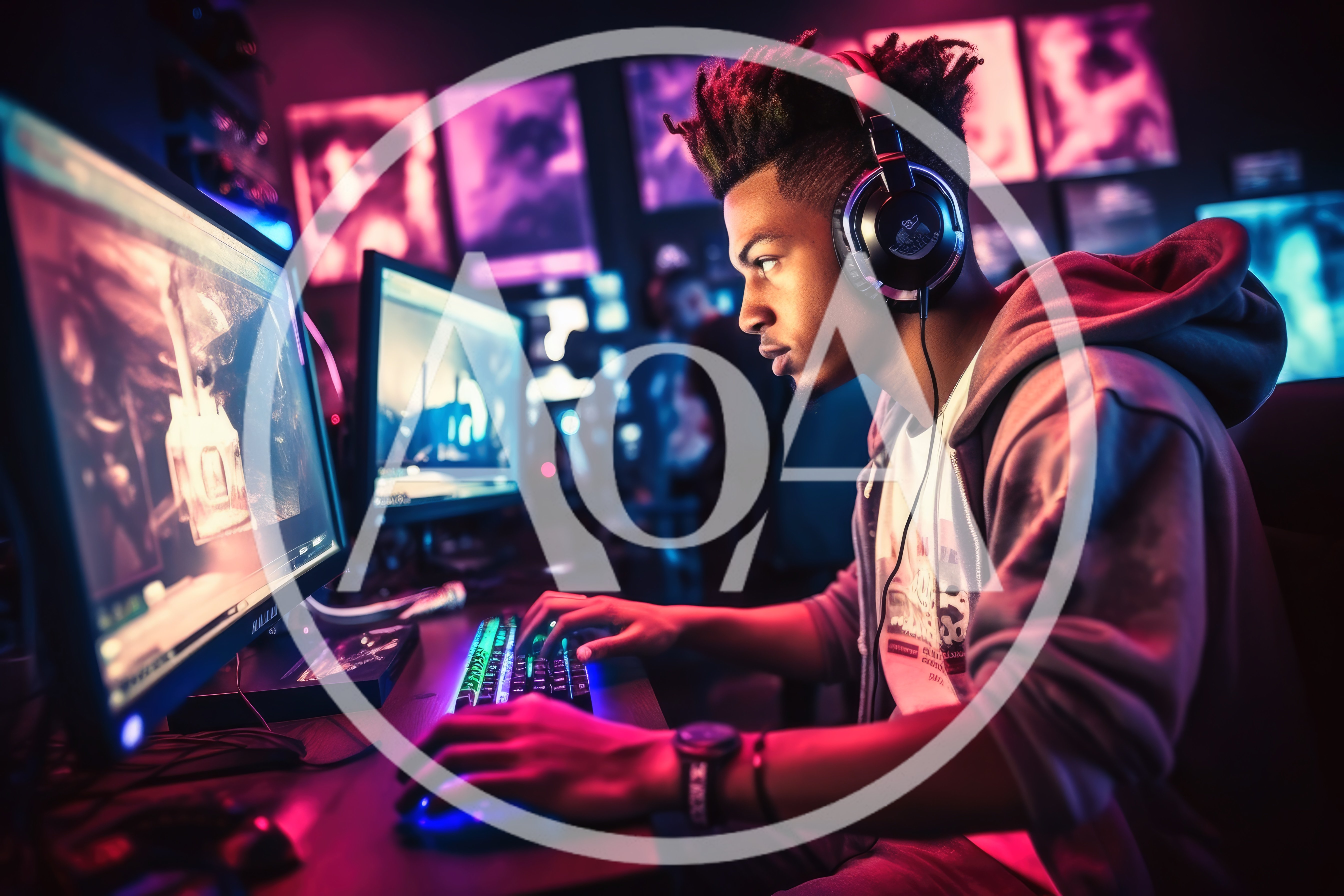 Young Gamer Playing Video Games In Neon Lit Room