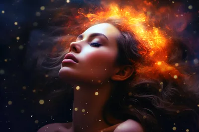 Ethereal Woman With Fiery Cosmic Hair