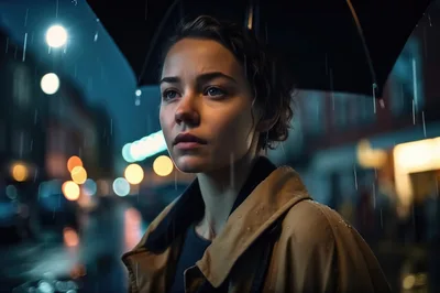 Young Woman Standing Under Umbrella In Rainy City Night