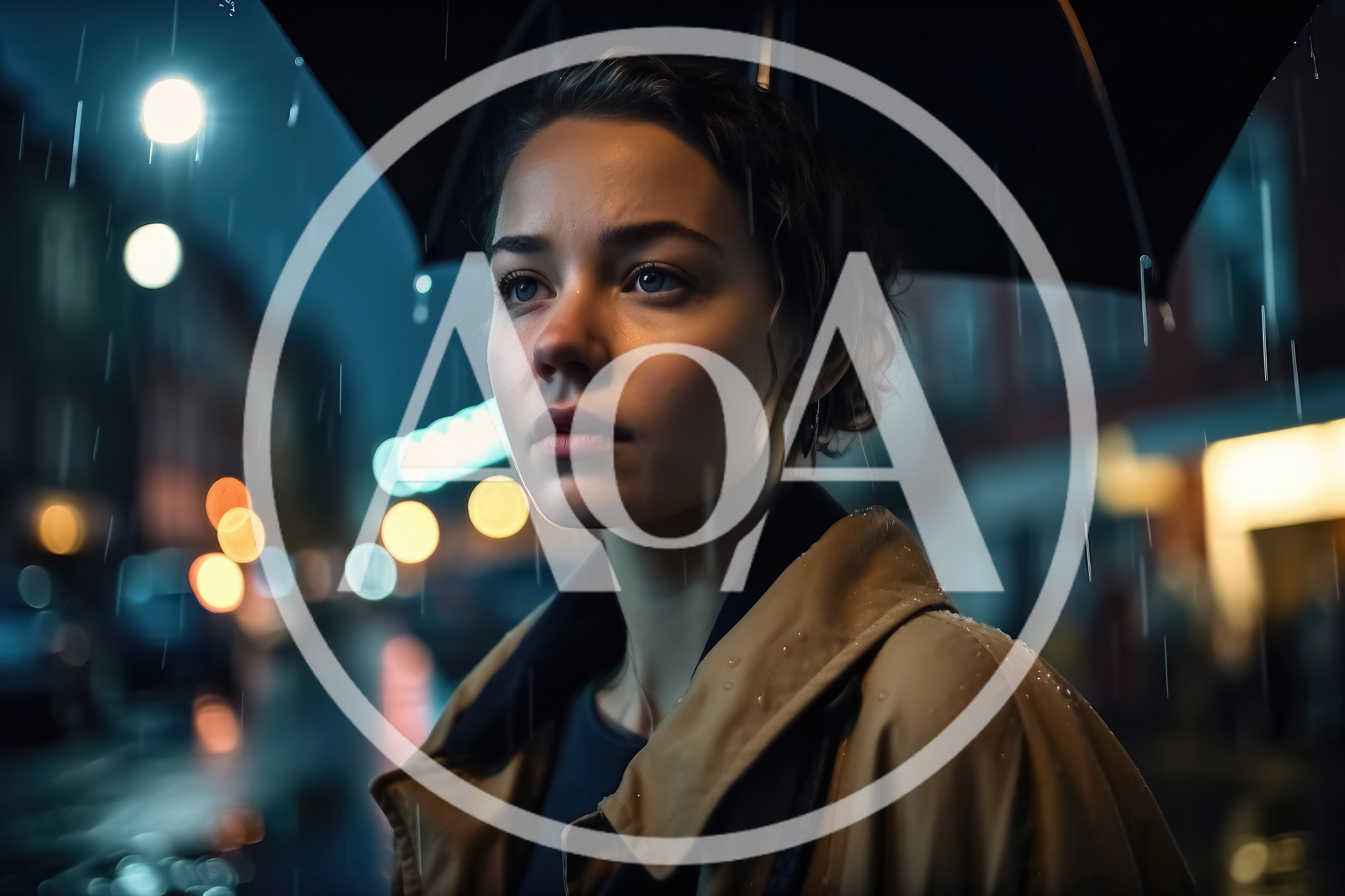 Young Woman Standing Under Umbrella In Rainy City Night
