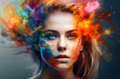 Portrait Of A Woman With Abstract Colorful Paint Splashes