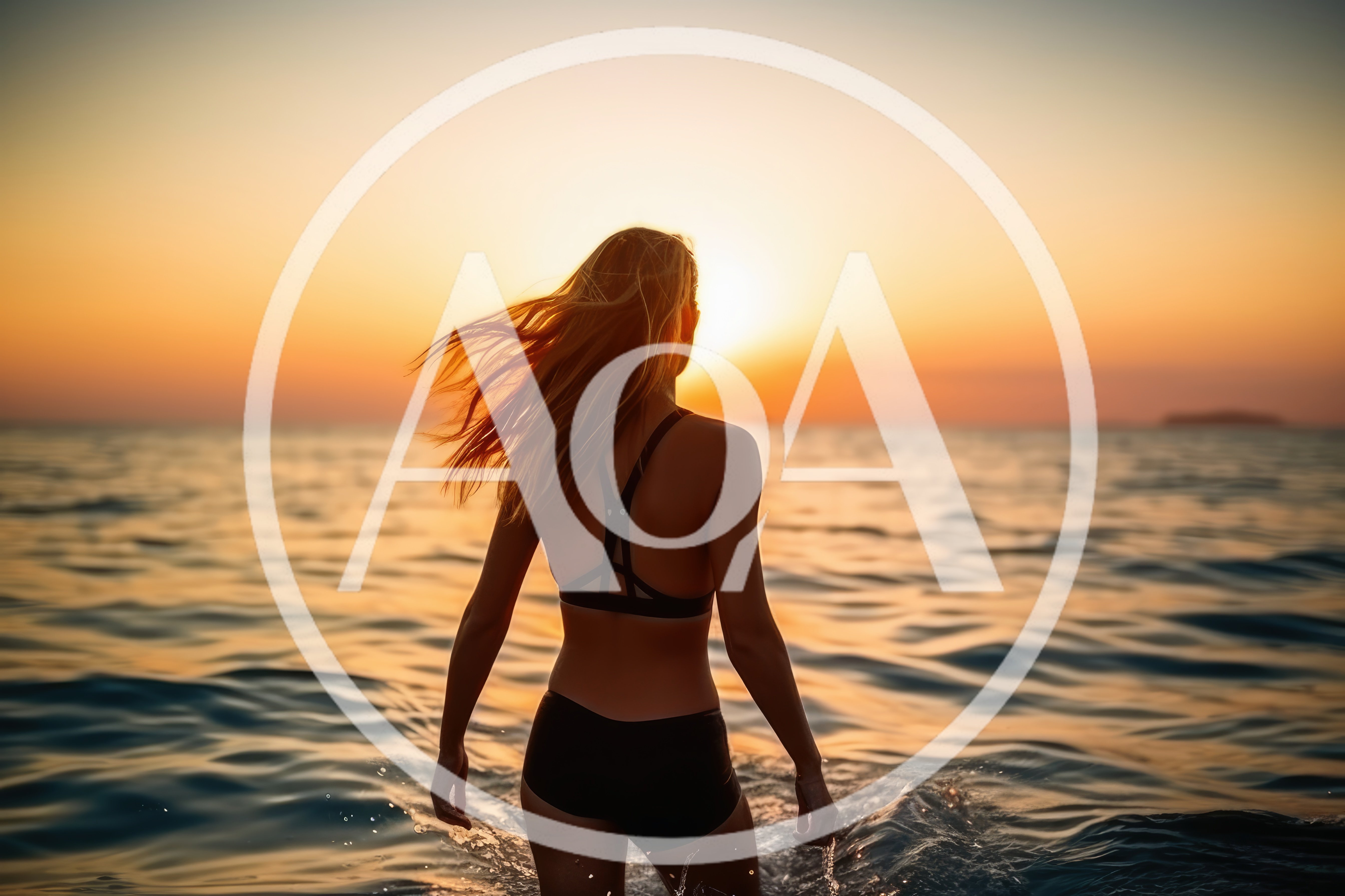 Woman Standing In Ocean At Sunset