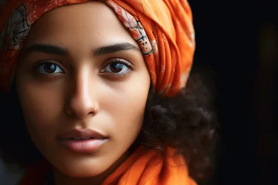 Portrait Of A Young Woman Wearing An Orange Headscarf