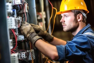 Electrician Working On Industrial Electrical Control Panel