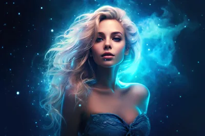 Ethereal Blonde Woman Surrounded By Cosmic Blue Nebula