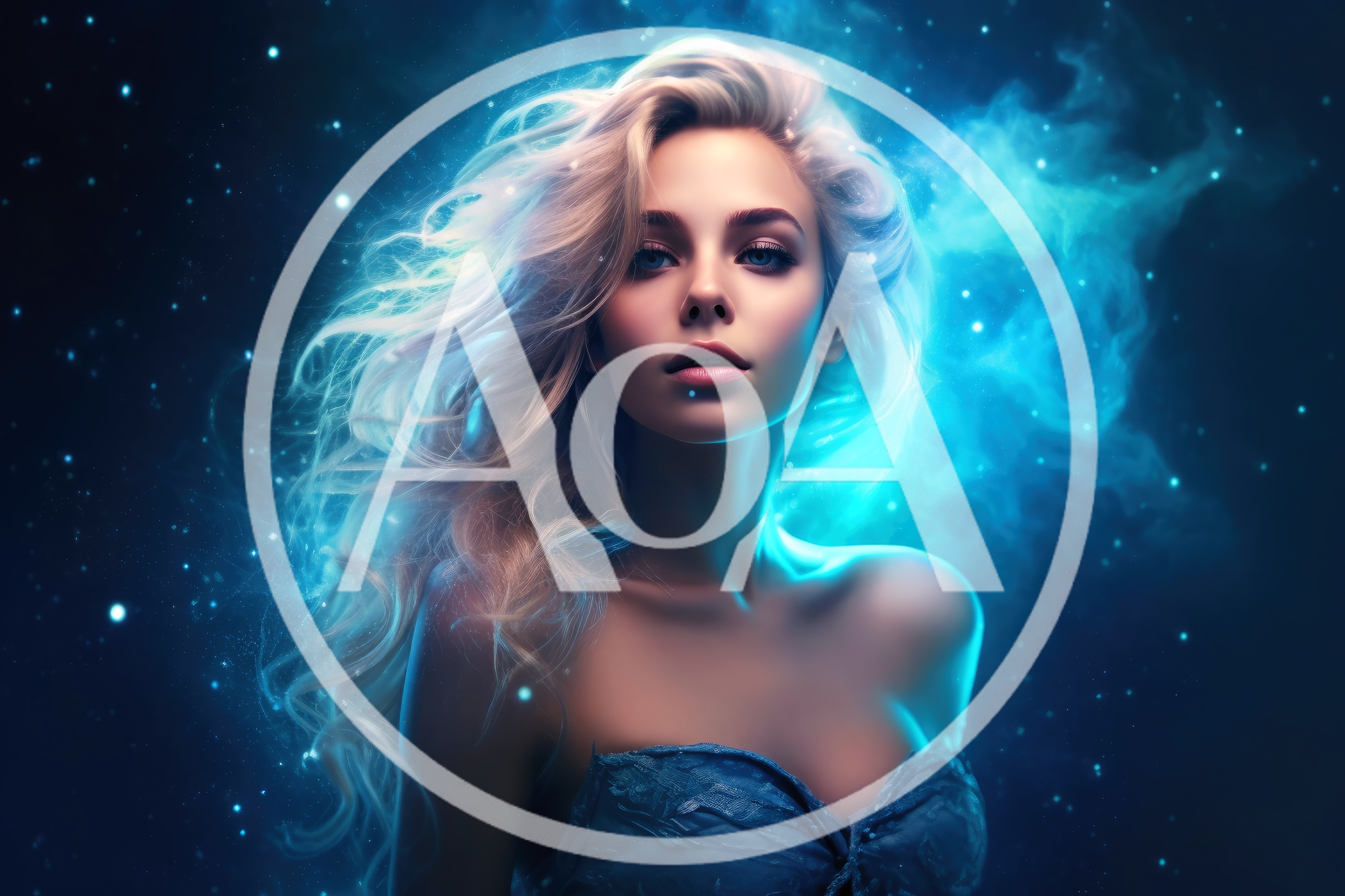 Ethereal Blonde Woman Surrounded By Cosmic Blue Nebula