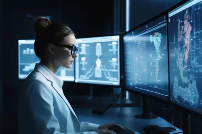 Female Scientist Analyzing Data On Multiple Computer Monitors
