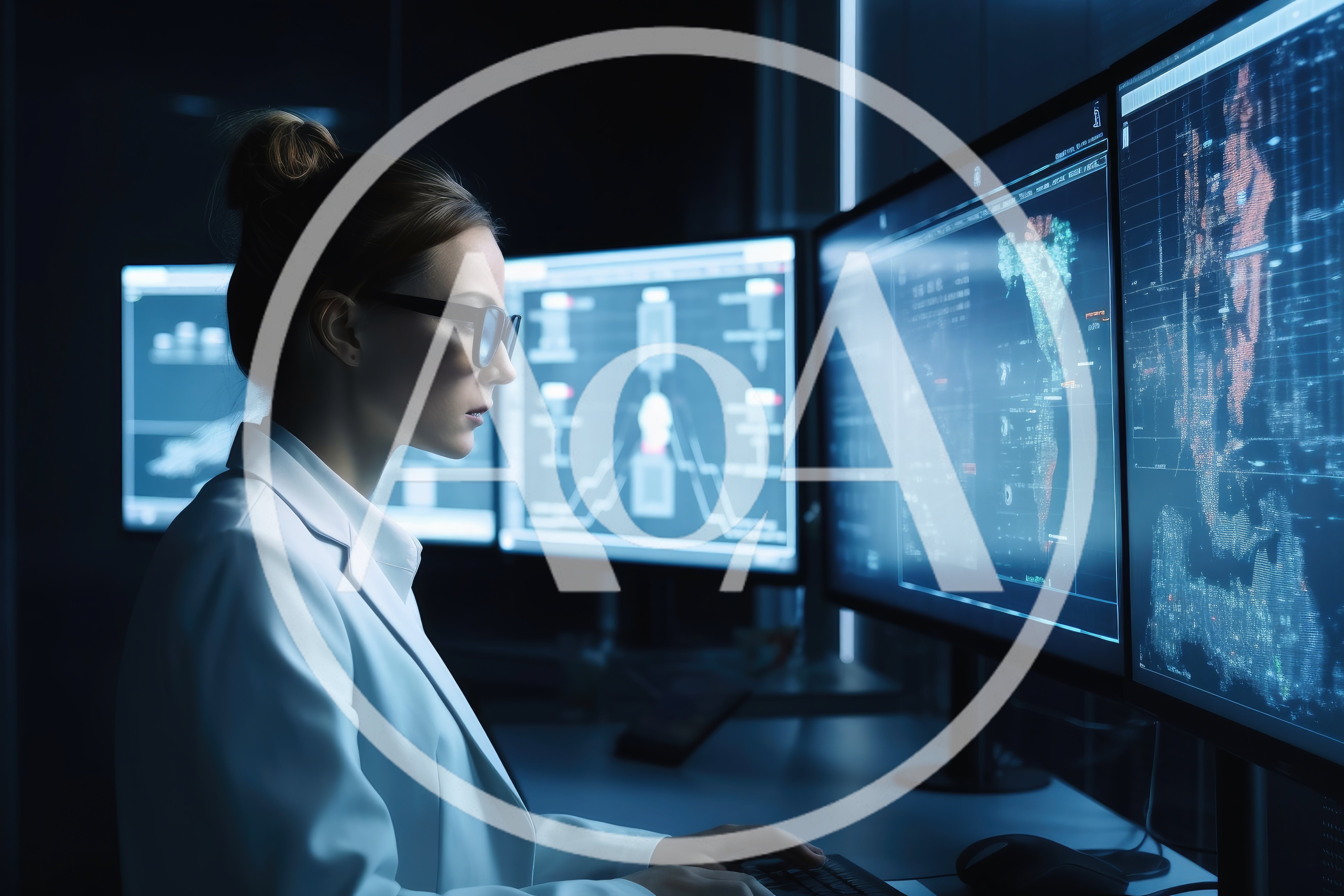 Female Scientist Analyzing Data On Multiple Computer Monitors