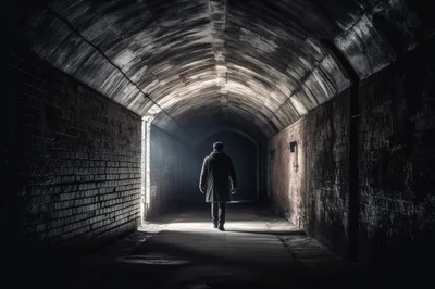 Lone Man Walking Through A Dark Brick Tunnel