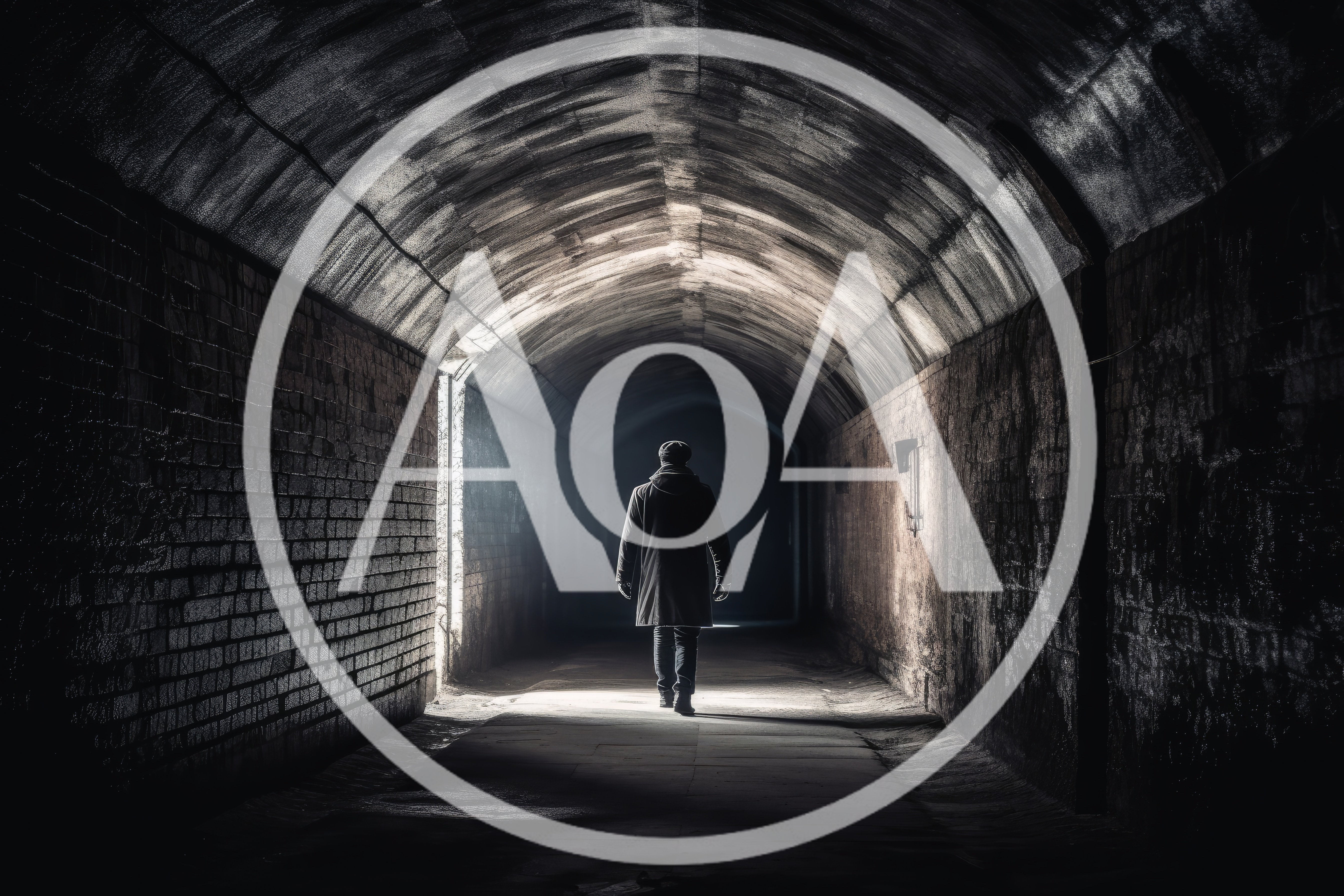 Lone Man Walking Through A Dark Brick Tunnel
