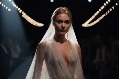 Blonde Model Wearing Sheer Wedding Dress On Runway