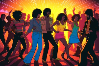 Group Of People Dancing At A Retro Disco Party