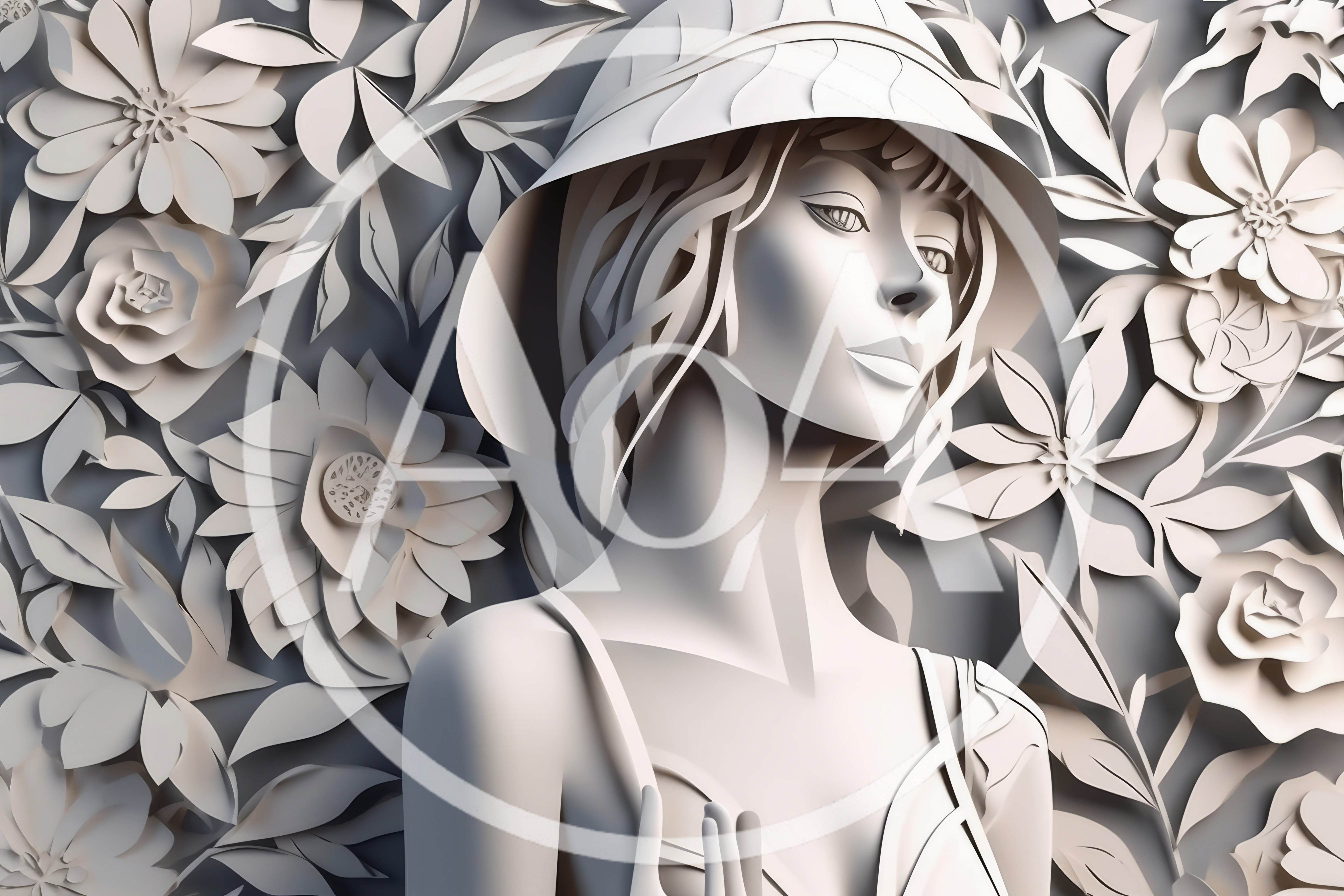 Stylized 3D Portrait Of A Woman With Floral Background