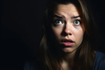 Close Up Portrait Of A Scared Young Woman