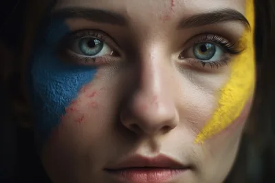Close Up Portrait Of Woman With Ukrainian Flag Face Paint