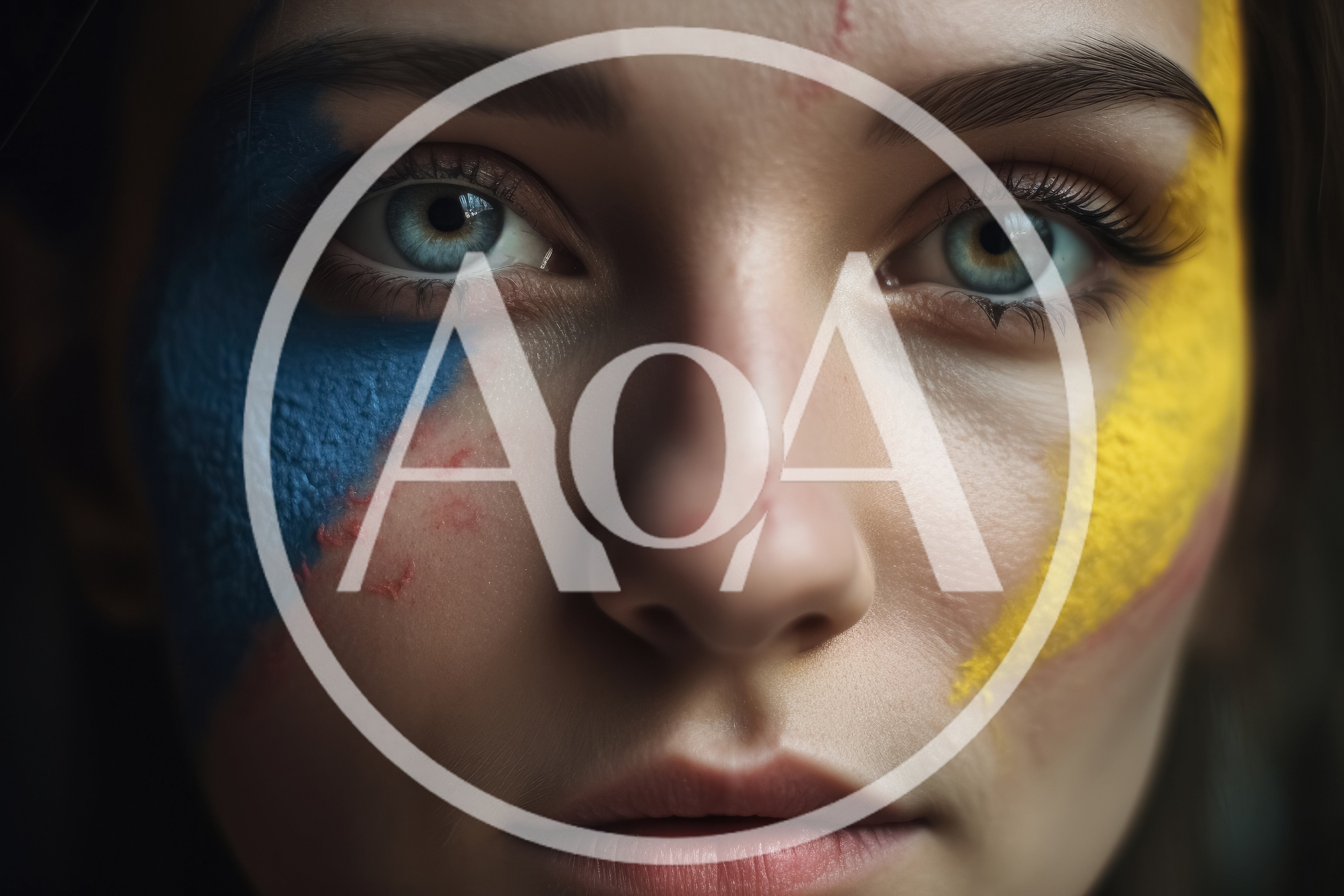 Close Up Portrait Of Woman With Ukrainian Flag Face Paint