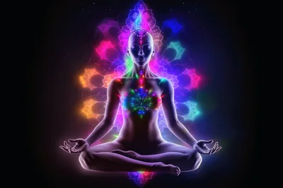 Meditating Human Figure With Glowing Chakra Energy Centers