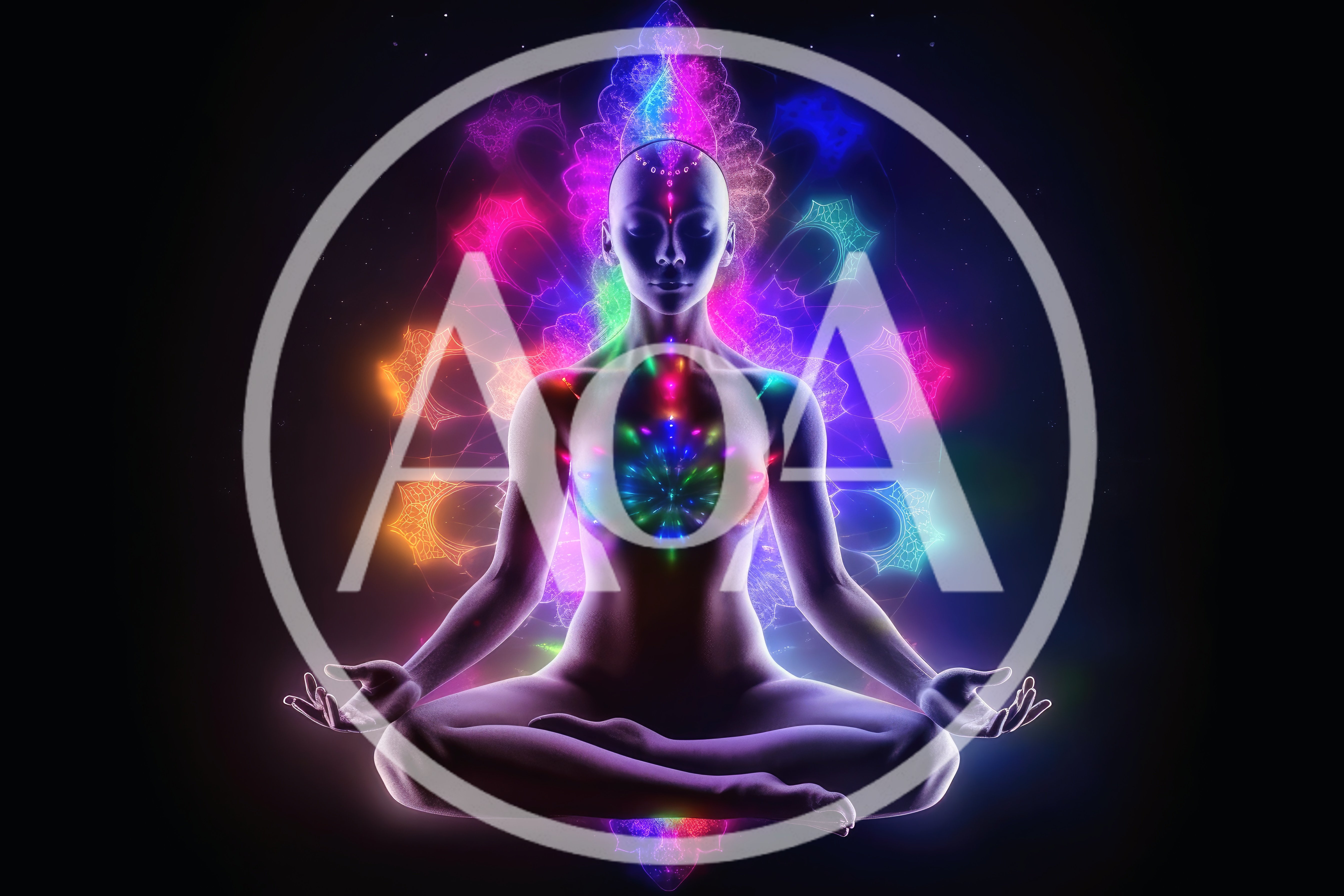 Meditating Human Figure With Glowing Chakra Energy Centers