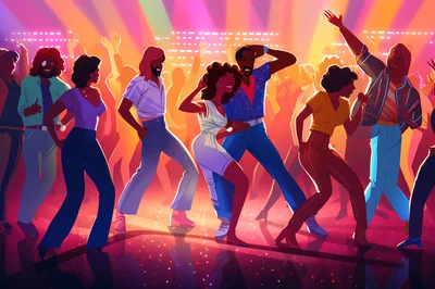 Group Of People Dancing At A Retro Disco Party