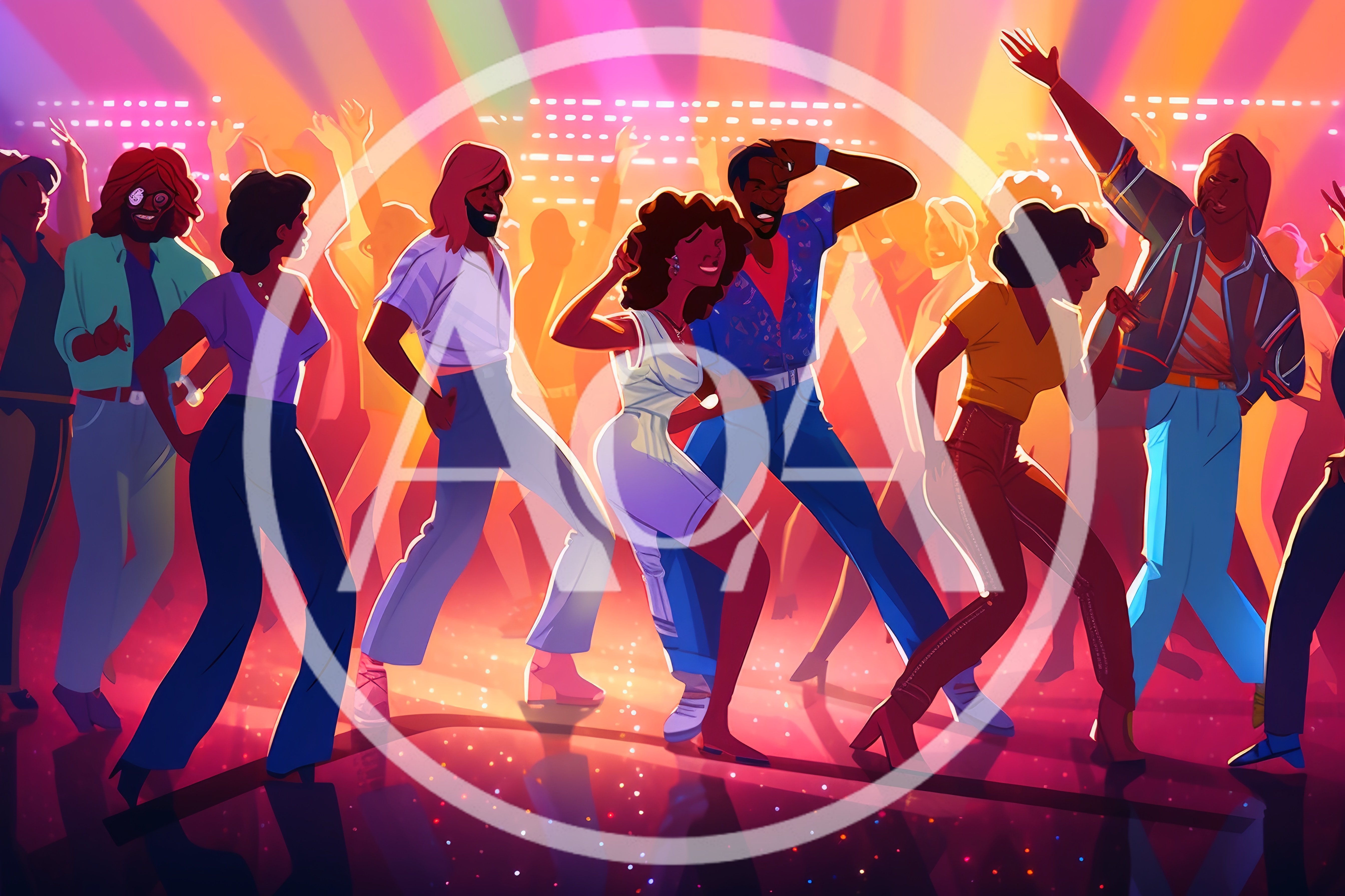 Group Of People Dancing At A Retro Disco Party