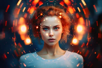 Portrait Of A Woman With Digital Holographic Interface