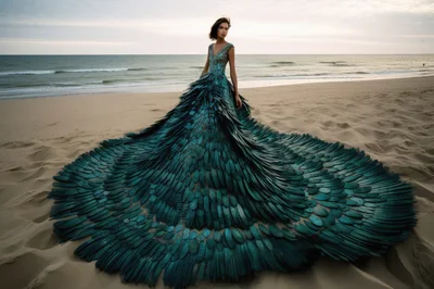Fashion Model Wearing Elaborate Teal Feather Gown On Beach