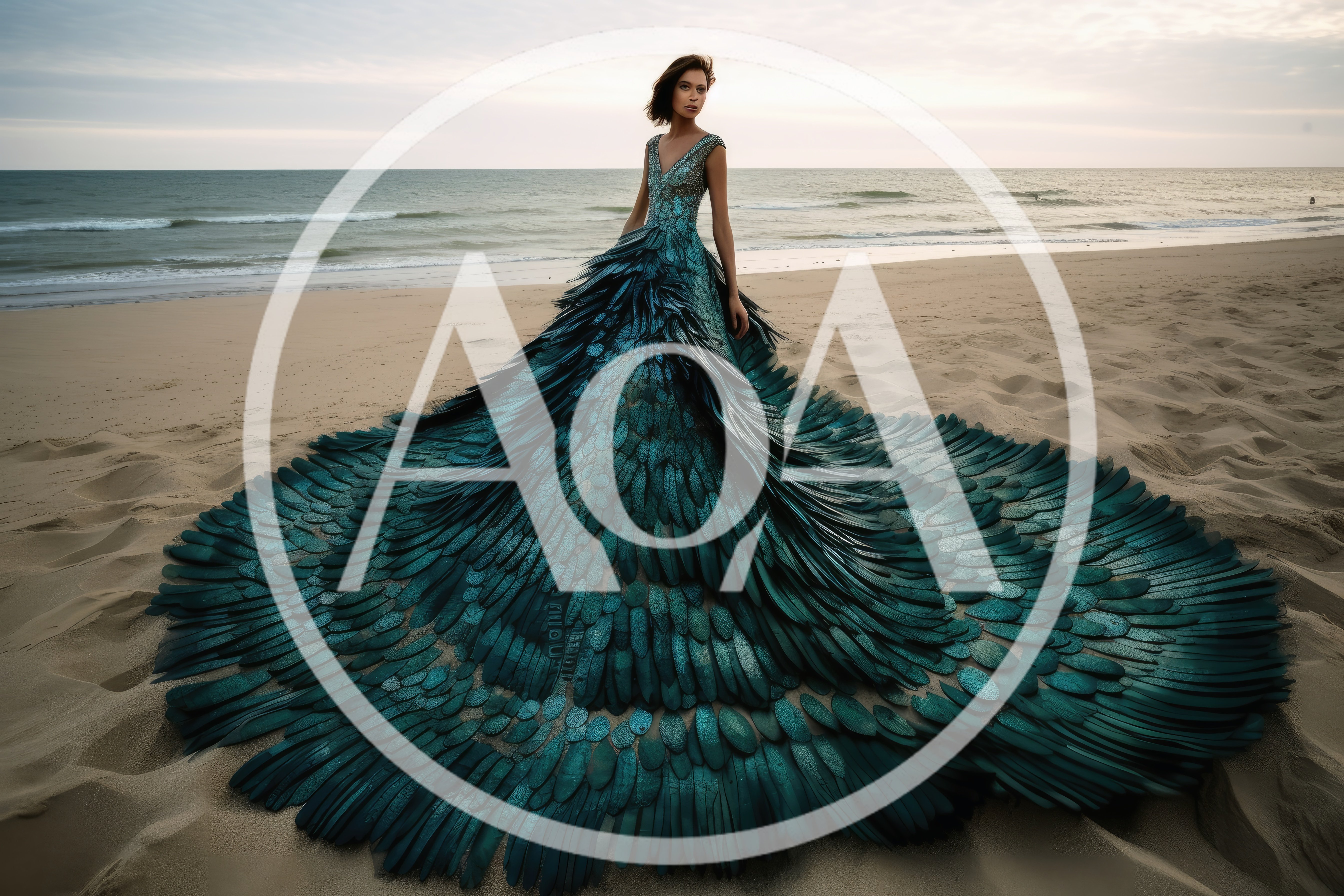 Fashion Model Wearing Elaborate Teal Feather Gown On Beach