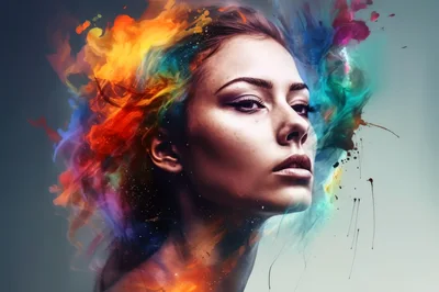 Portrait Of A Woman With Abstract Colorful Paint Splashes