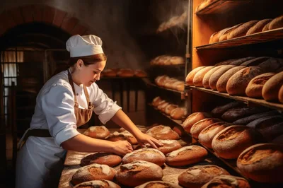 Professional Baker Arranging Freshly Baked Loaves In Bakery