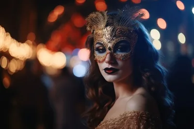 Woman Wearing Ornate Gold Masquerade Mask at Night