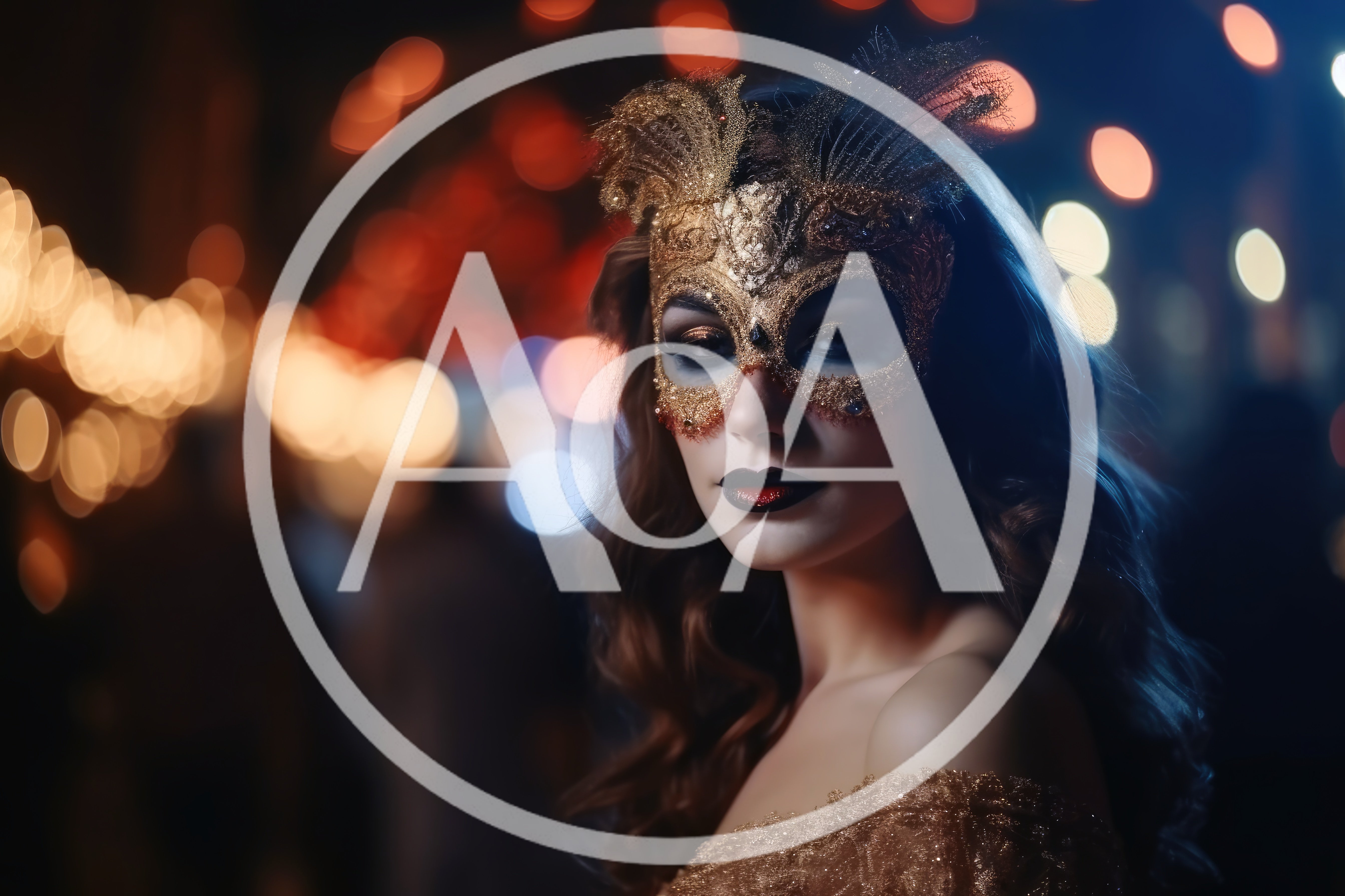 Woman Wearing Ornate Gold Masquerade Mask at Night