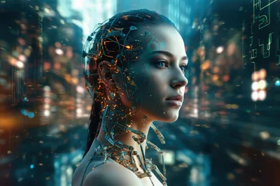 Cybernetic Woman With Glowing Neural Interface Headset