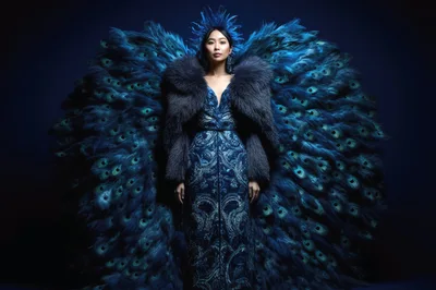 Woman Wearing Elaborate Peacock Feather Costume