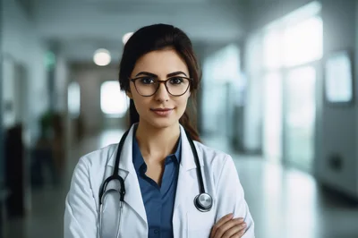 Female Doctor Standing In Hospital Corridor