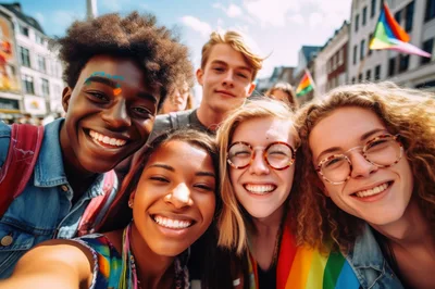 Diverse Group of Friends Taking a Pride Parade Selfie