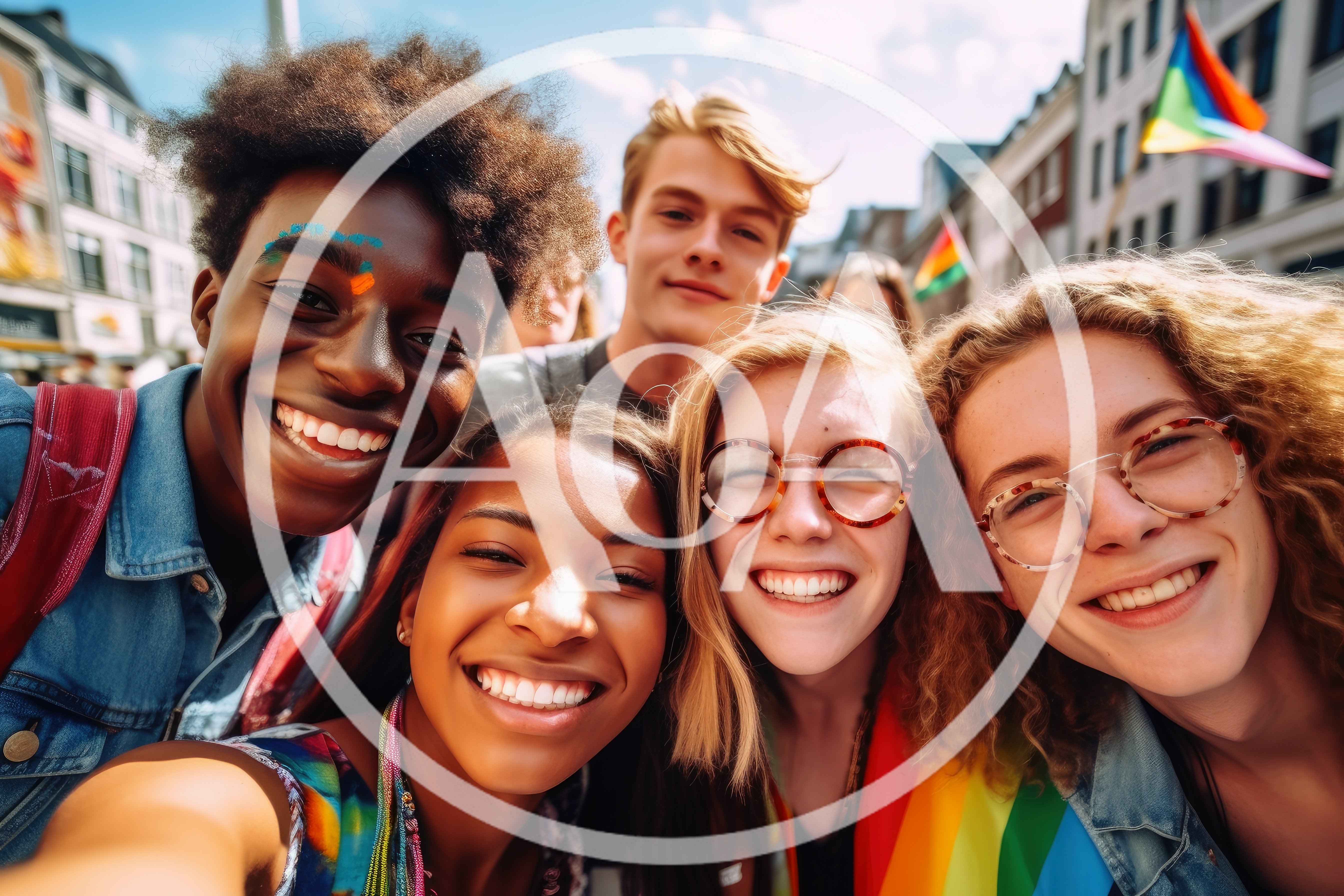 Diverse Group of Friends Taking a Pride Parade Selfie