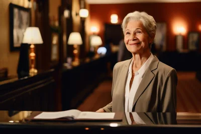 Senior Female Hotel Receptionist Standing At Front Desk