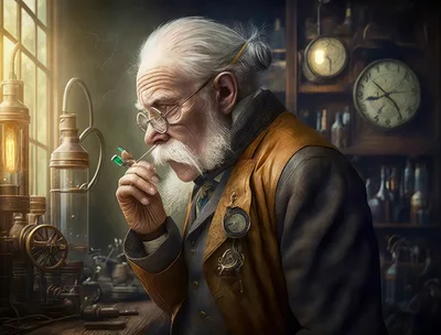 Elderly Victorian Scientist Examining A Glowing Green Vial