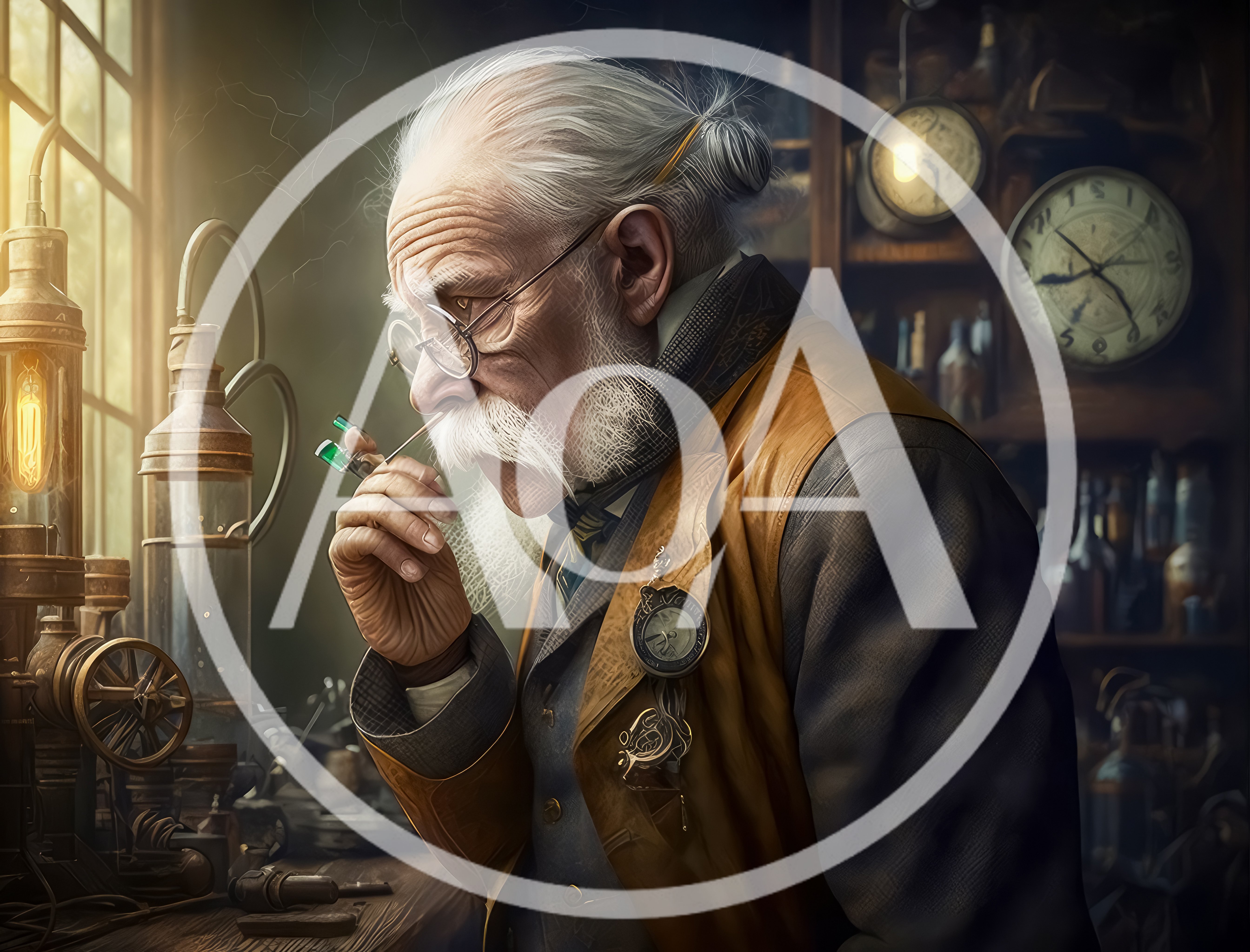 Elderly Victorian Scientist Examining A Glowing Green Vial
