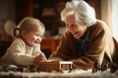 Grandmother and Toddler Playing with Wooden Toys