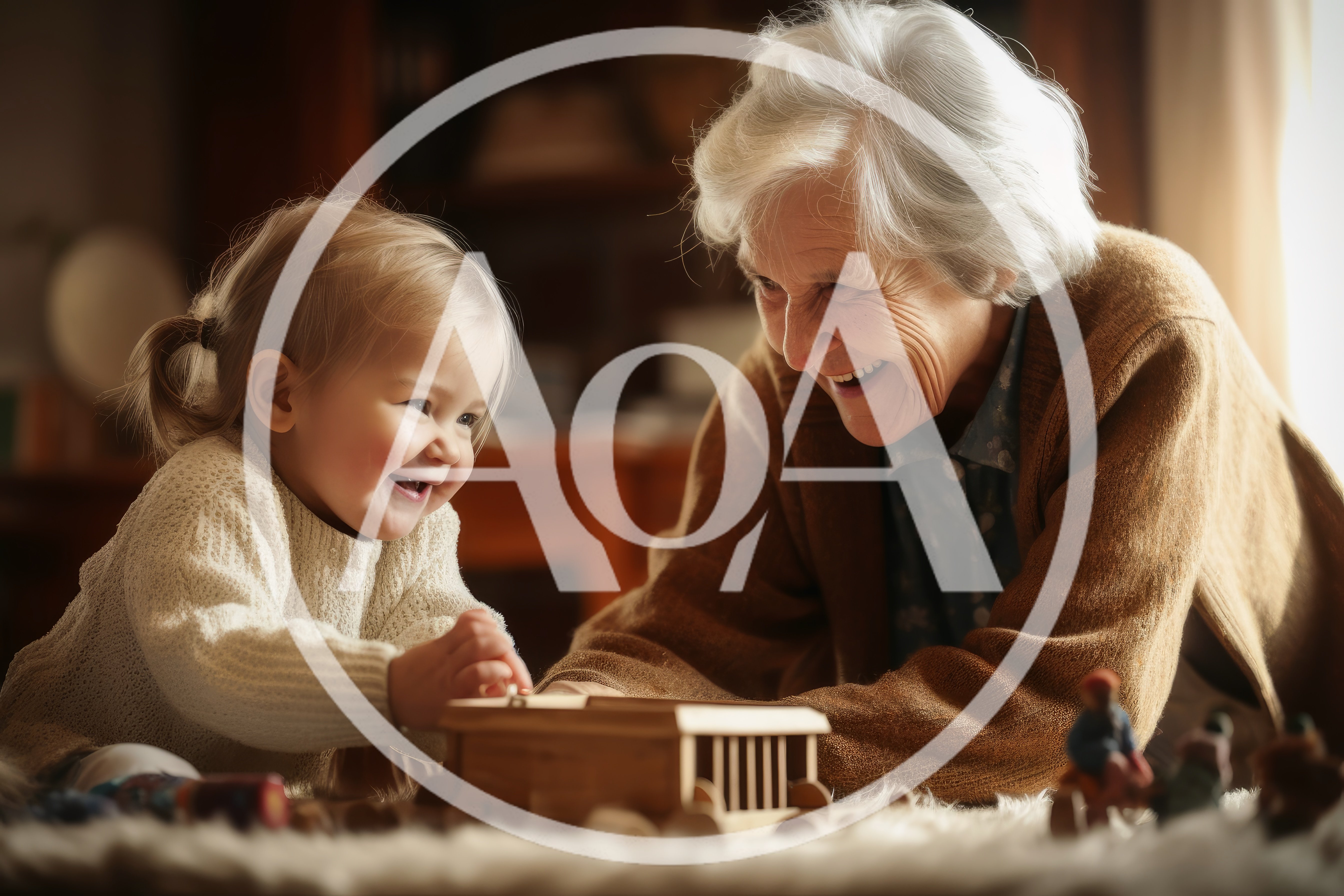 Grandmother and Toddler Playing with Wooden Toys