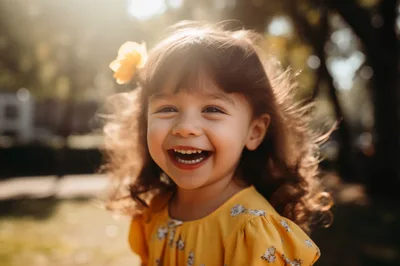 Happy Toddler Girl Laughing Outdoors In Sunlight