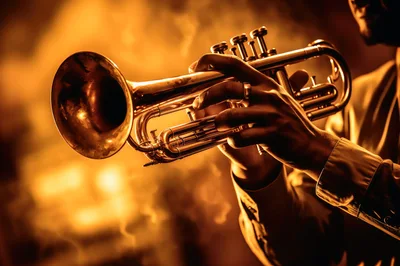 Close Up Of A Musician Playing A Golden Trumpet