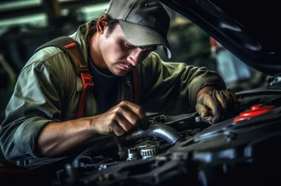 Professional Mechanic Repairing Car Engine In Auto Workshop